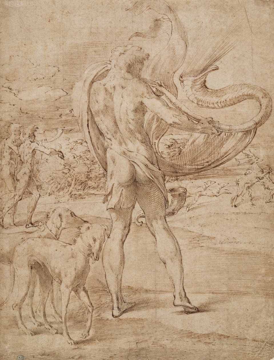 Jäger bläst sein Horn mit einer Hirschjagd in der Ferne von Parmigianino