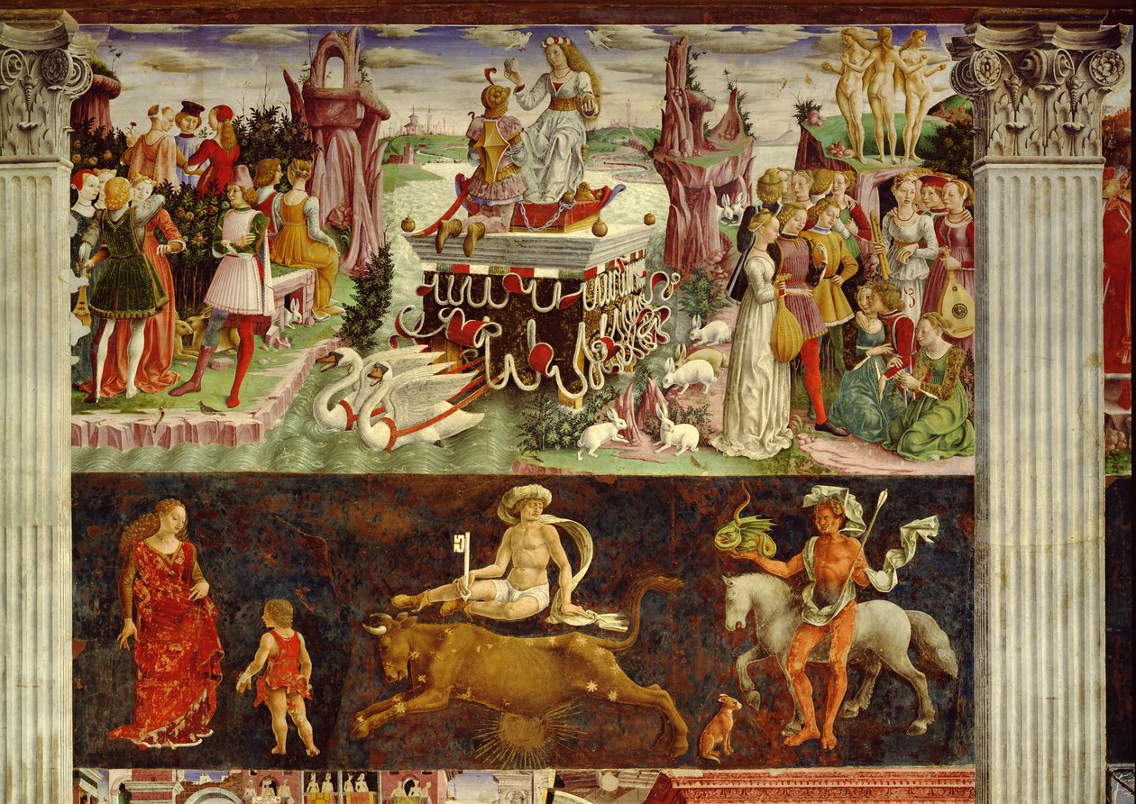 Triumph der Venus und Zeichen des Stiers, Szenen aus dem Monat April, ca. 1470, von Francesco del Cossa (ca. 1435-1477), Fresko, Ostwand, Halle der Monate, Palazzo Schifanoia (Palast der Freude), Ferrara, Emilia-Romagna von Francesco del Cossa