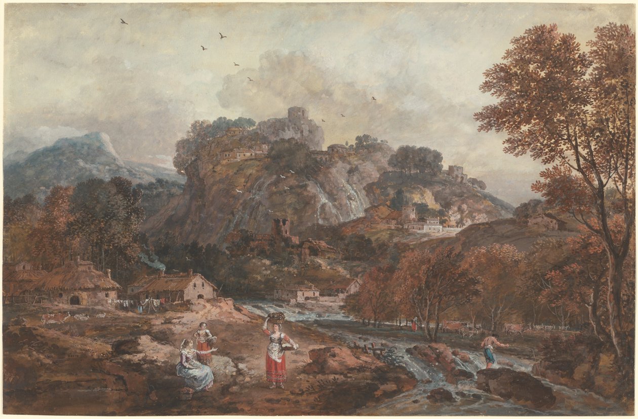 Berglandschaft mit Wäscherinnen und einem Fischer von Francesco Zuccarelli