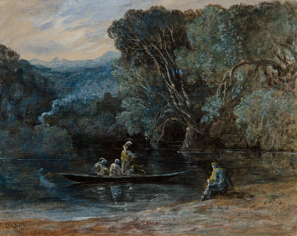 Flusslandschaft mit Boot und Figuren, um 1825 von Francis Danby