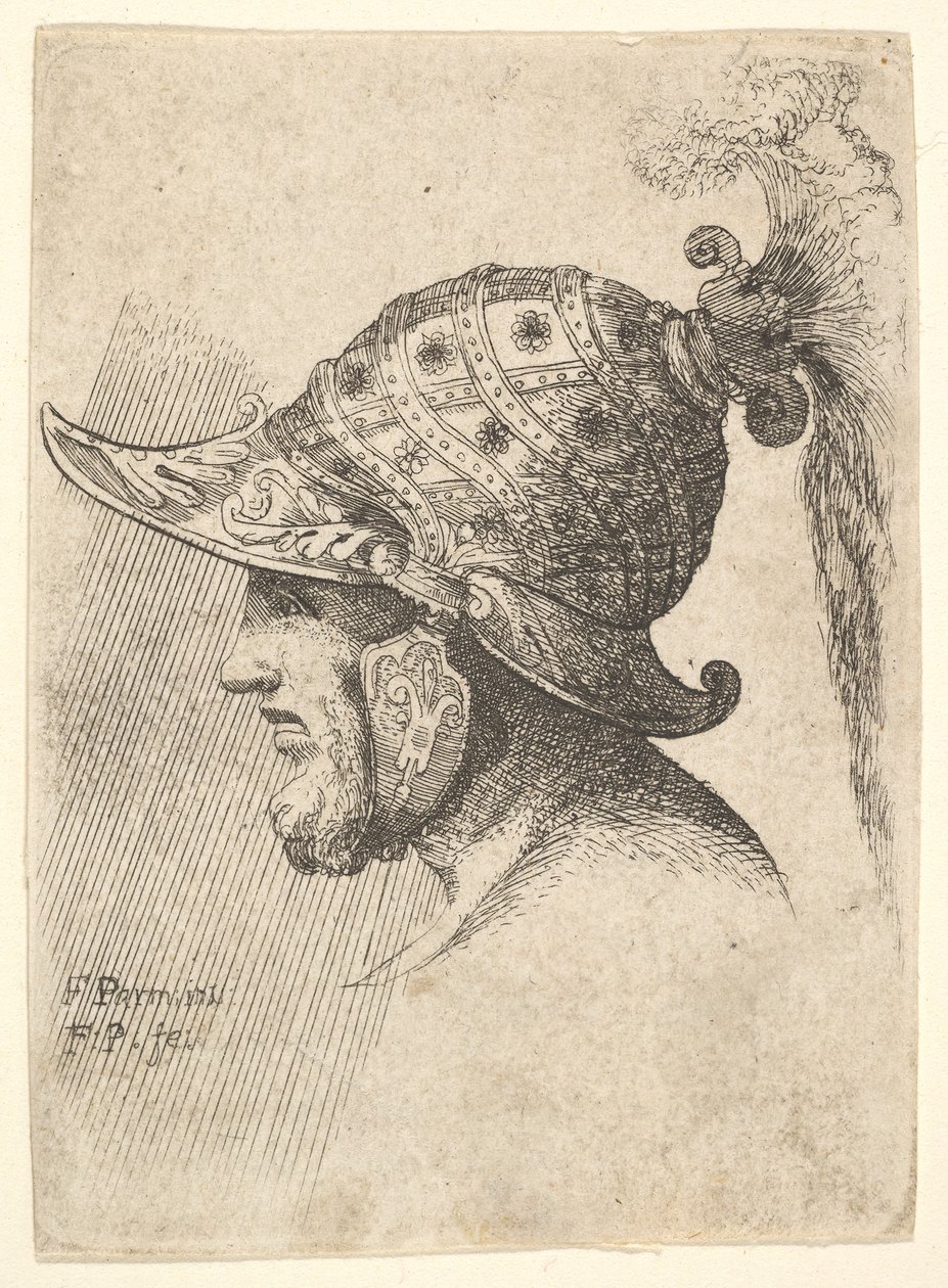 Helmierter Kopf von Francis Place