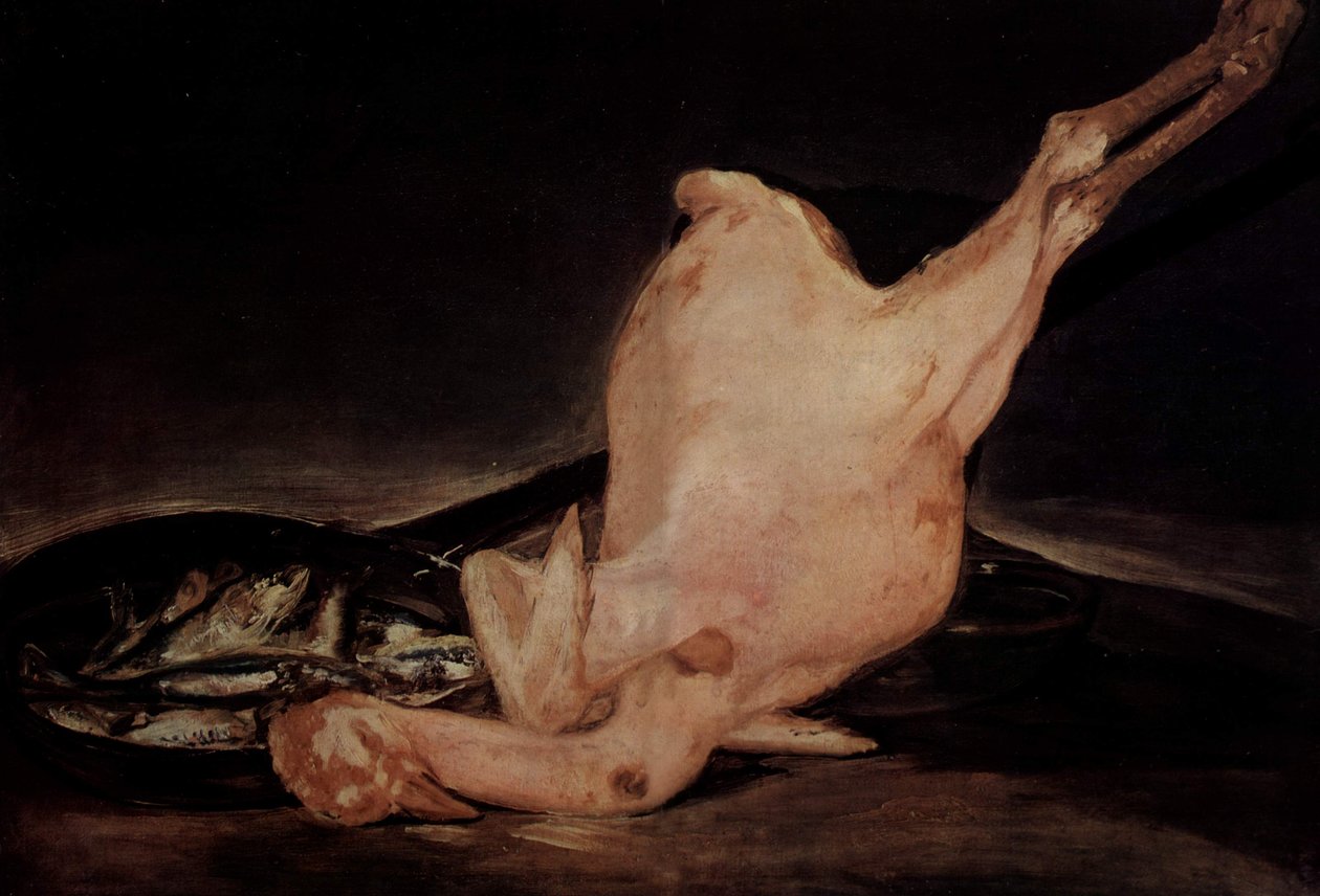 Stillleben, gerupfter Truthahn und Pfanne mit Fischen von Francisco de Goya