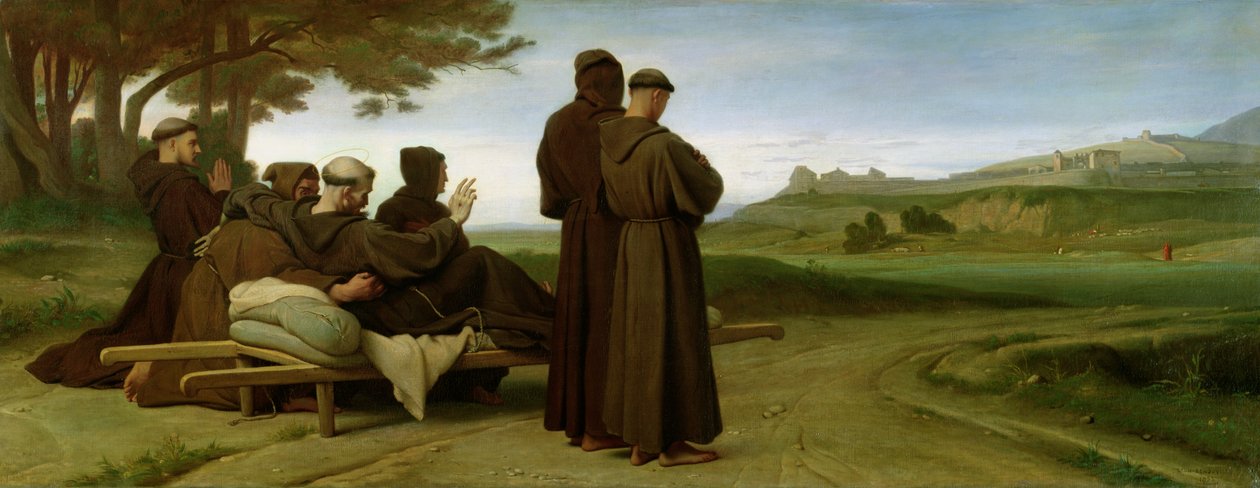 Hl. Franz von Assisi segnet die Stadt Assisi, während er zu seiner letzten Ruhestätte getragen wird, 1853 von Francois Leon Benouville