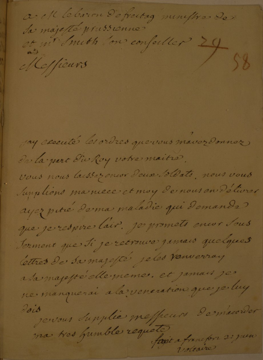 Ein Antrag auf Entlassung aus dem Gefängnis, 31. Juni 1753 von Francois Marie Arouet Voltaire