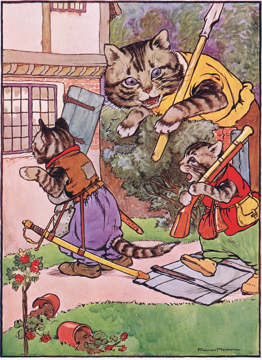 Eine Katze mit ihren Kätzchen schleicht sich zum Haus, Illustration aus 