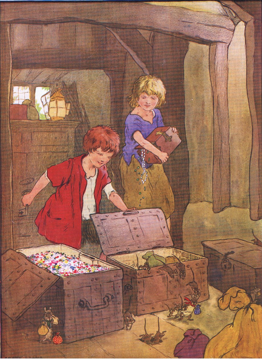 Beim Öffnen der Truhen fanden sie sie voller wunderbarer Edelsteine, Juwelen und Diamanten, aus Hänsel und Gretel, veröffentlicht von Blackie & Son Limited, ca. 1940 von Frank Adams