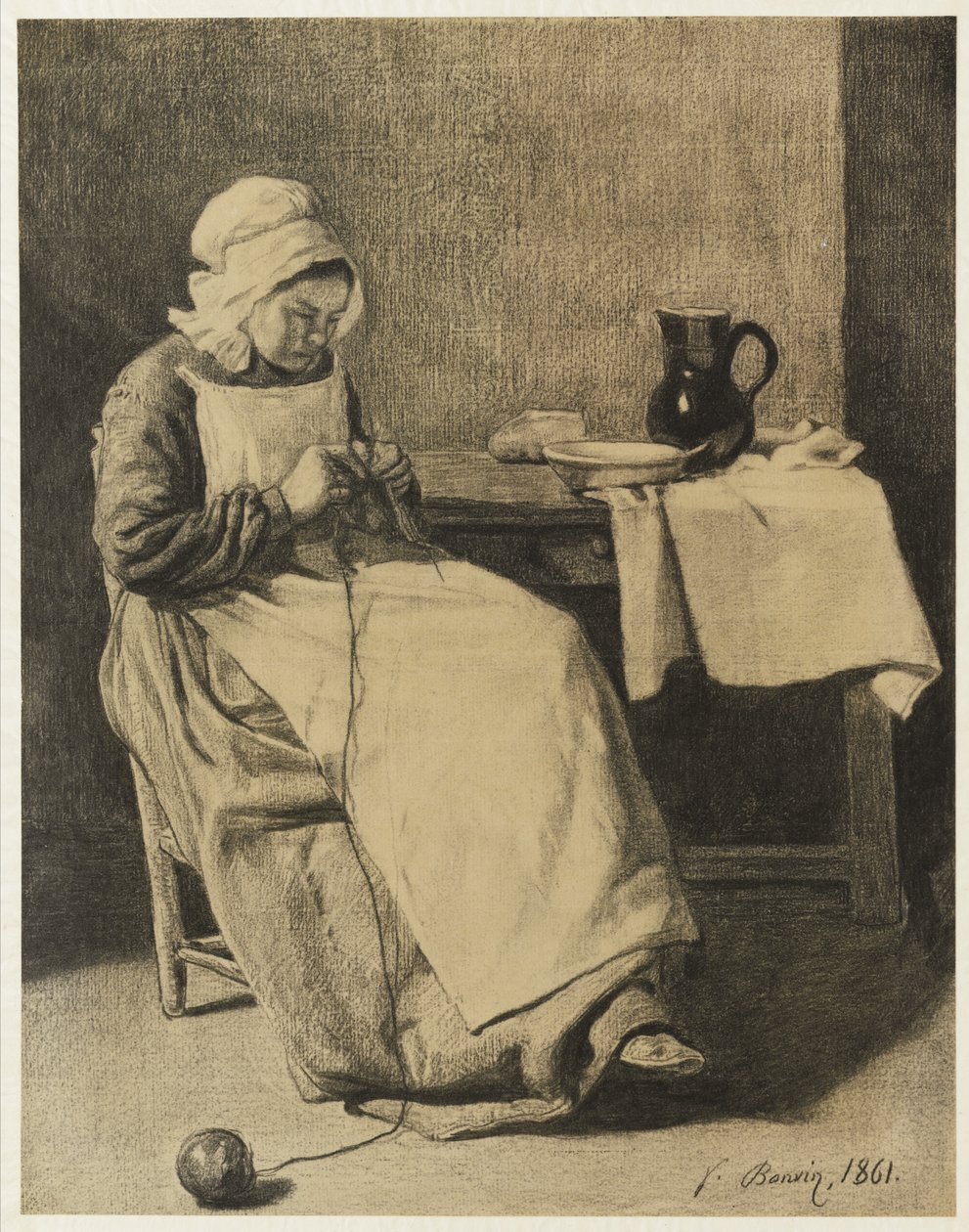 Dienerin beim Stricken, 1861 von François Bonvin