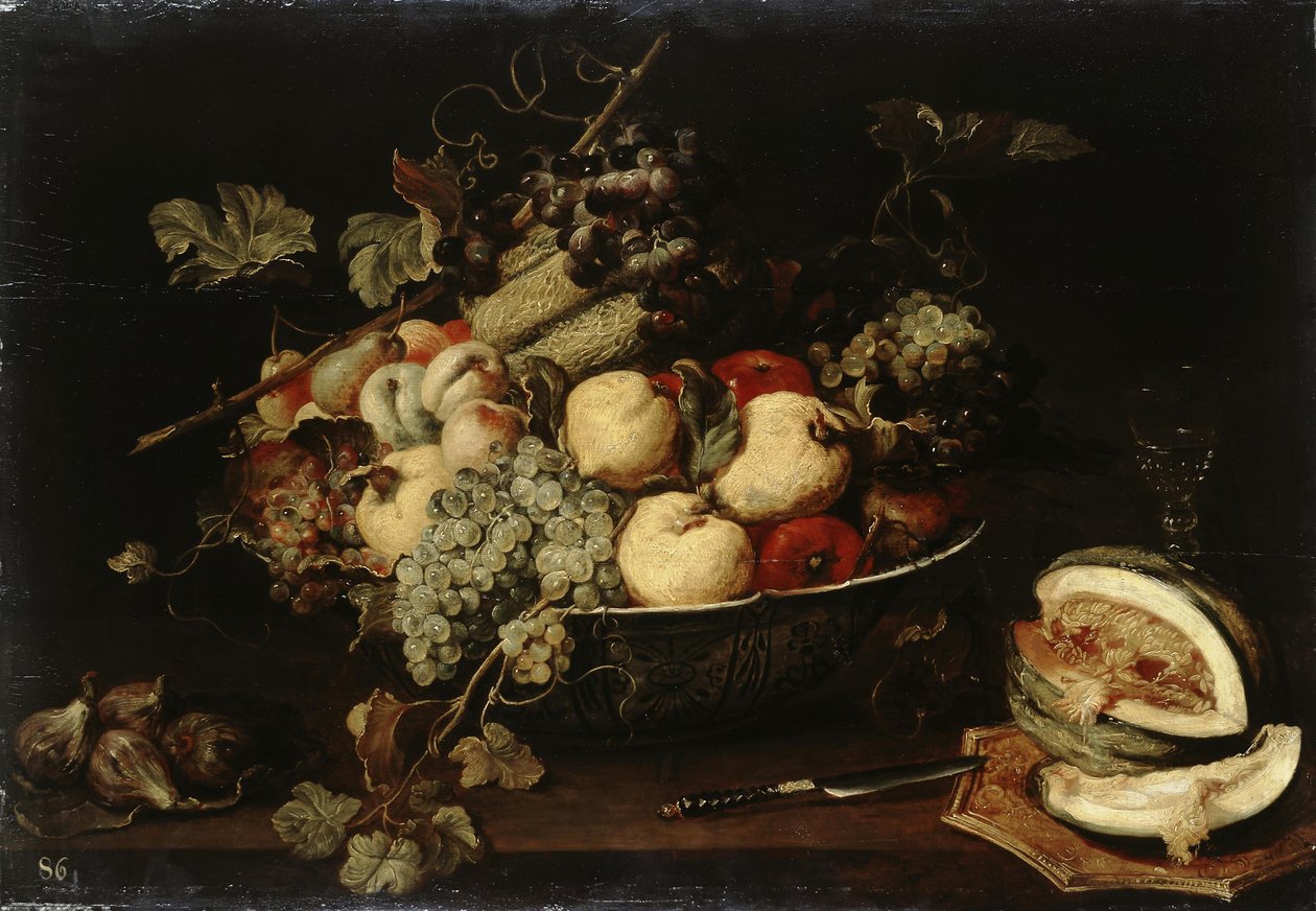 Obst in einer Schale und eine aufgeschnittene Melone von Frans Snyders or Snijders
