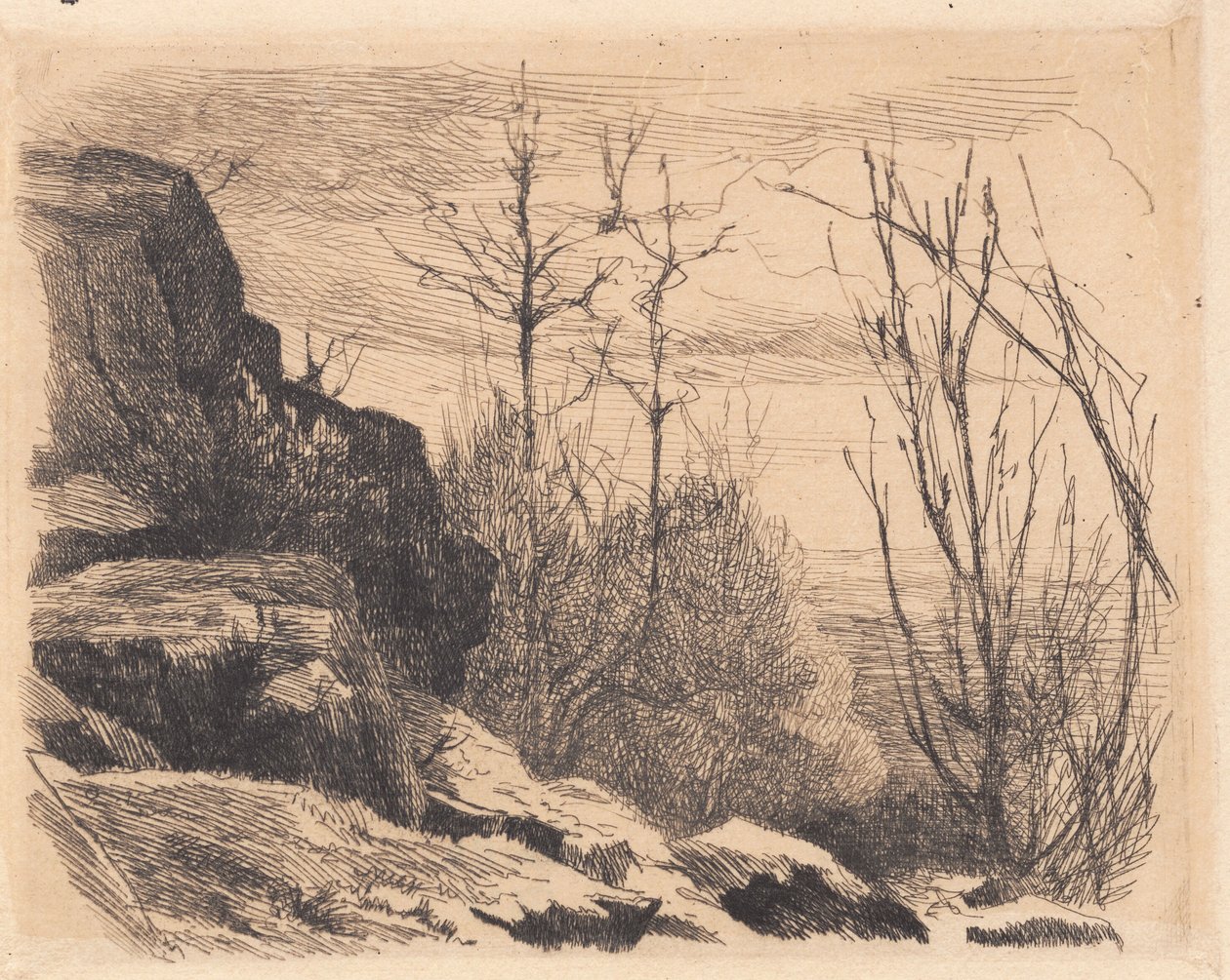 Probetafel: Landschaft mit Felsen und Bäumen von Frans Schwartz
