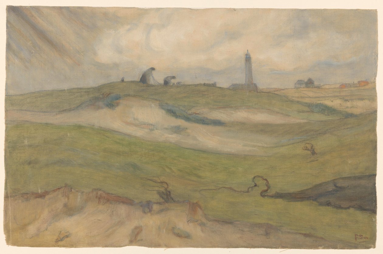 Dünenlandschaft mit Leuchtturm und Netzflickern von Frans Alexander Evert Lodewijk Smissaert