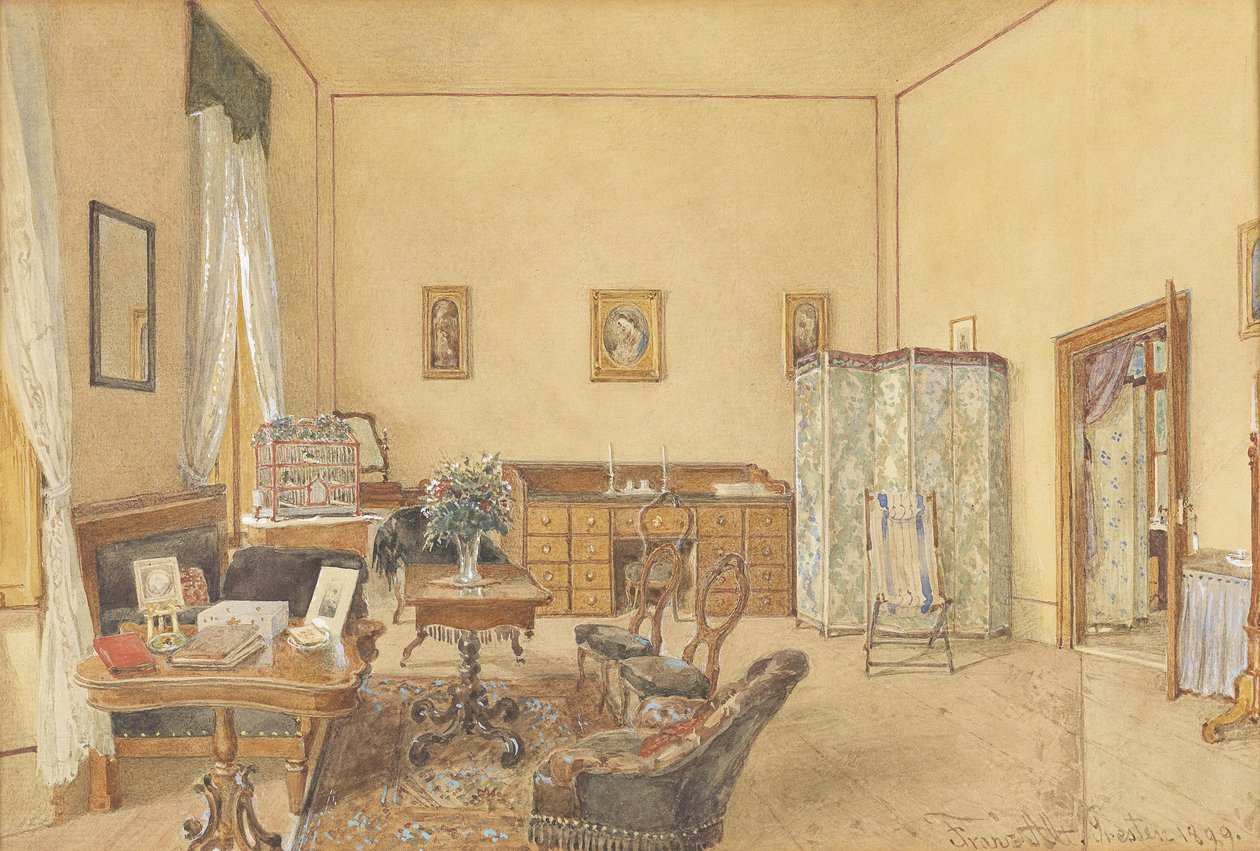 Interieur mit Vogelkäfig und Strandstuhl von Franz Alt