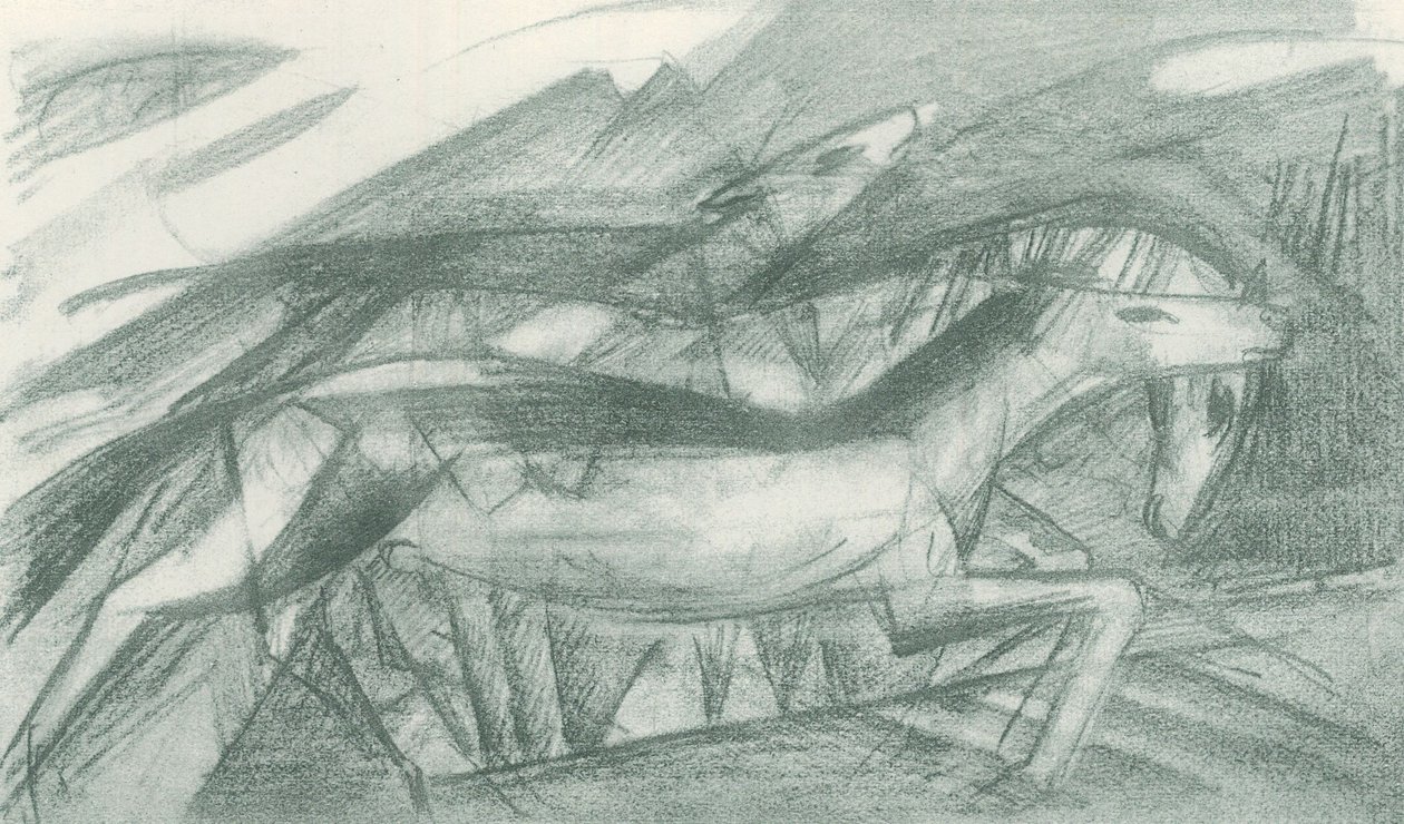 Jagende Pferde in abstrakt geformter Landschaft von Franz Marc
