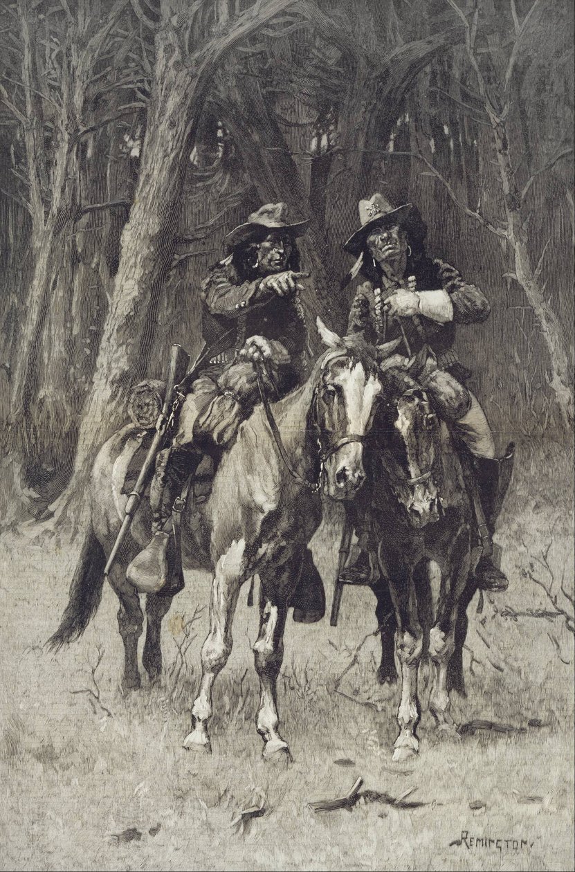 Cheyenne-Scouts patrouillieren im großen Wald des Nordkanadiers, Oklahoma von Frederic Remington