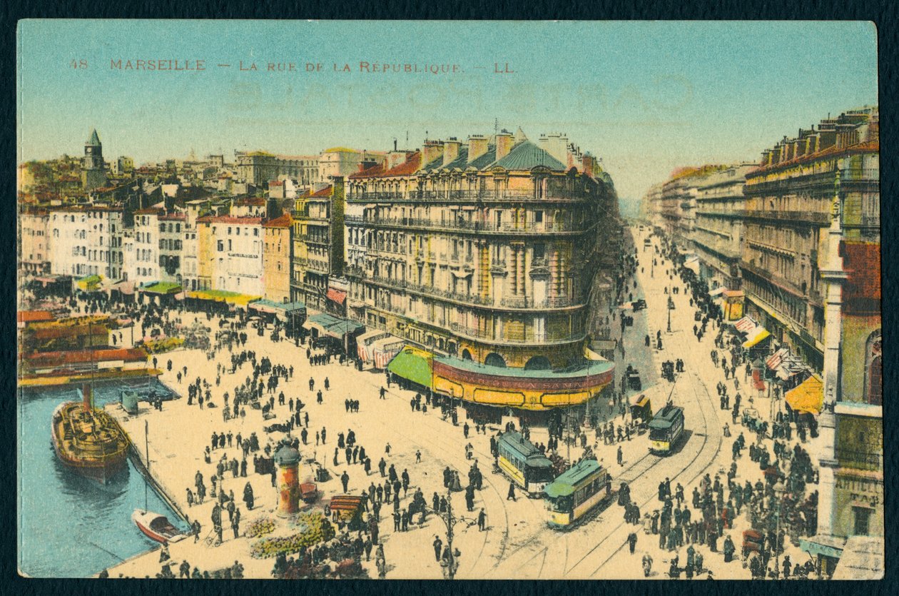 Postkarte, die die Rue de la République in Marseille, Frankreich, um 1920 darstellt (koloriertes Schwarzweißfoto) von French Photographer