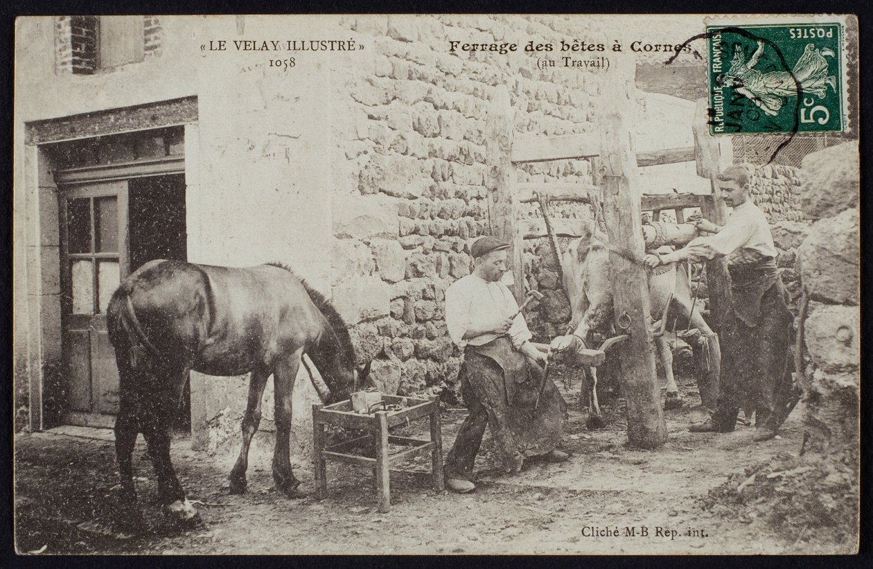 Postkarte, die das Beschlagen eines Pferdes in Cornes, Le Velay, um 1900 darstellt von French Photographer