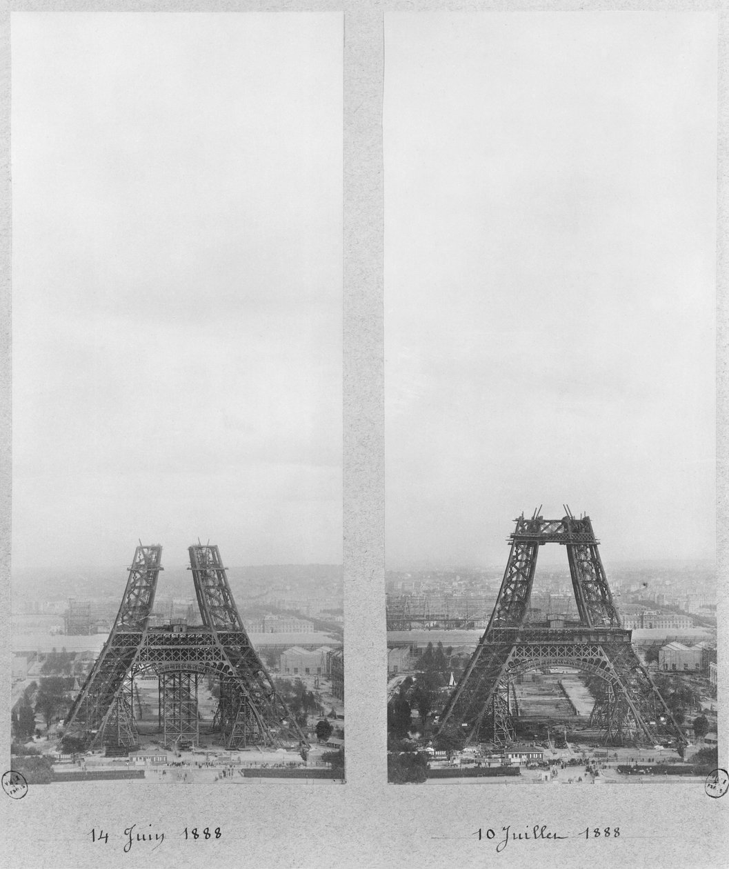 Zwei Ansichten des Baus des Eiffelturms, Paris, 14. Juni und 10. Juli 1888 von French Photographer