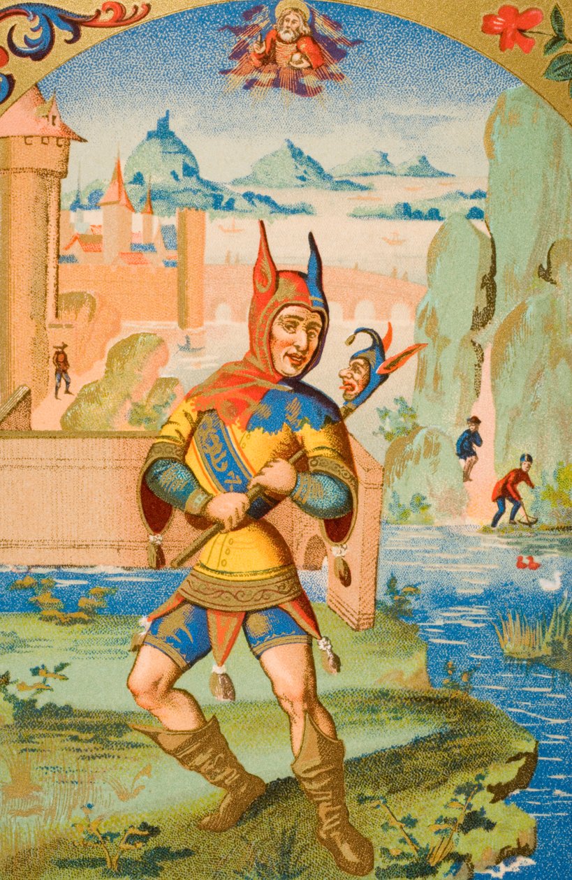 Ein Hofnarr, Reproduktion einer Miniatur aus einem Manuskript des 15. Jahrhunderts, aus 