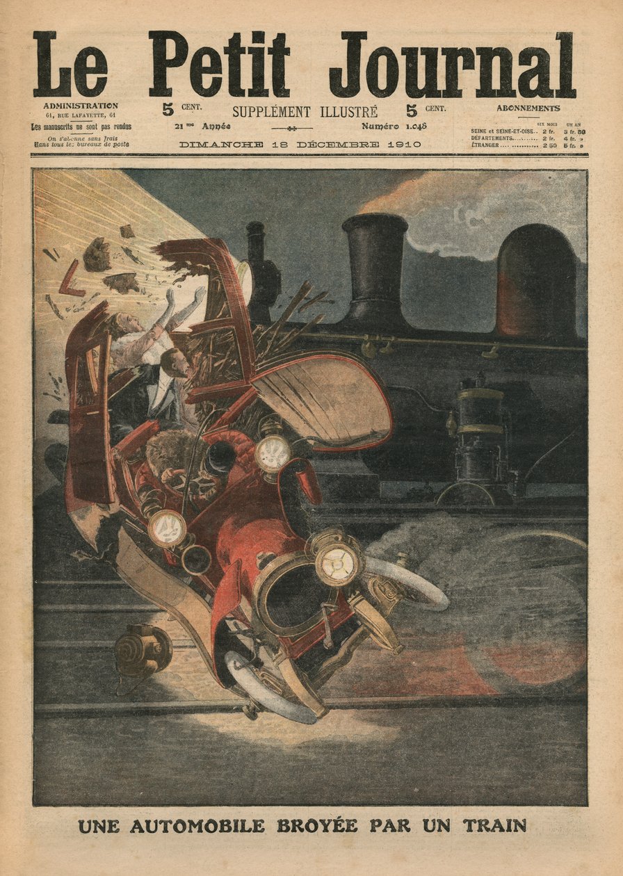 Ein Auto von einem Zug zerquetscht, Illustration aus 