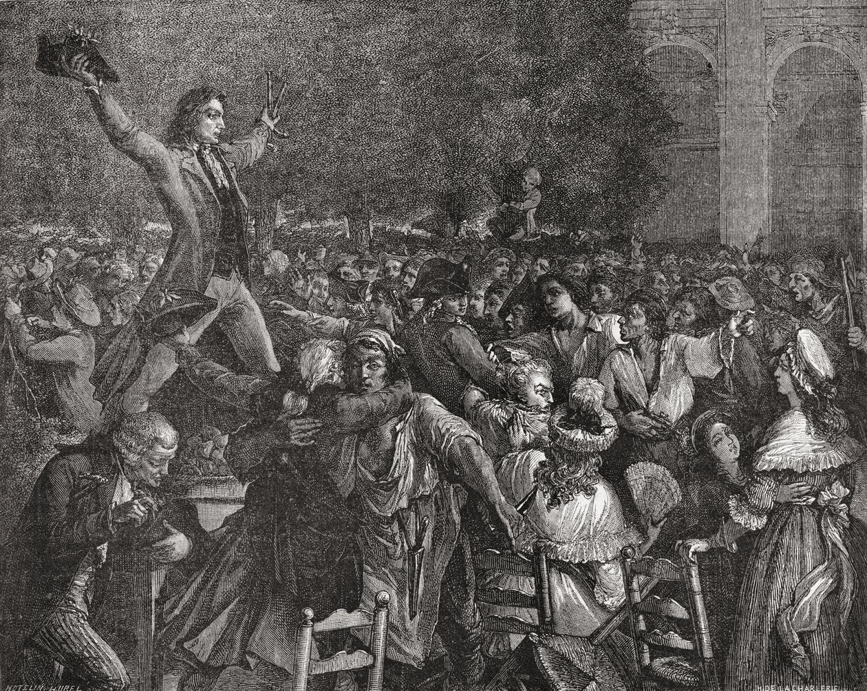 Camille Desmoulins (1760-94) spricht am Palais Royal, 12. Juli 1789, graviert von Pierre Gabriel Berthault (1737-1831) von French School