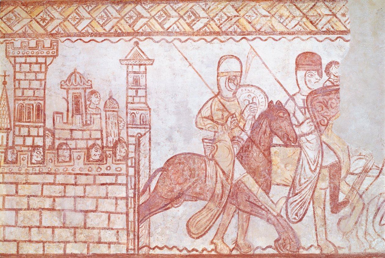 Abreise der Kreuzfahrer im Jahr 1163 von der syrischen Burg Krak des Chevaliers zur Schlacht von Bocquée von French School