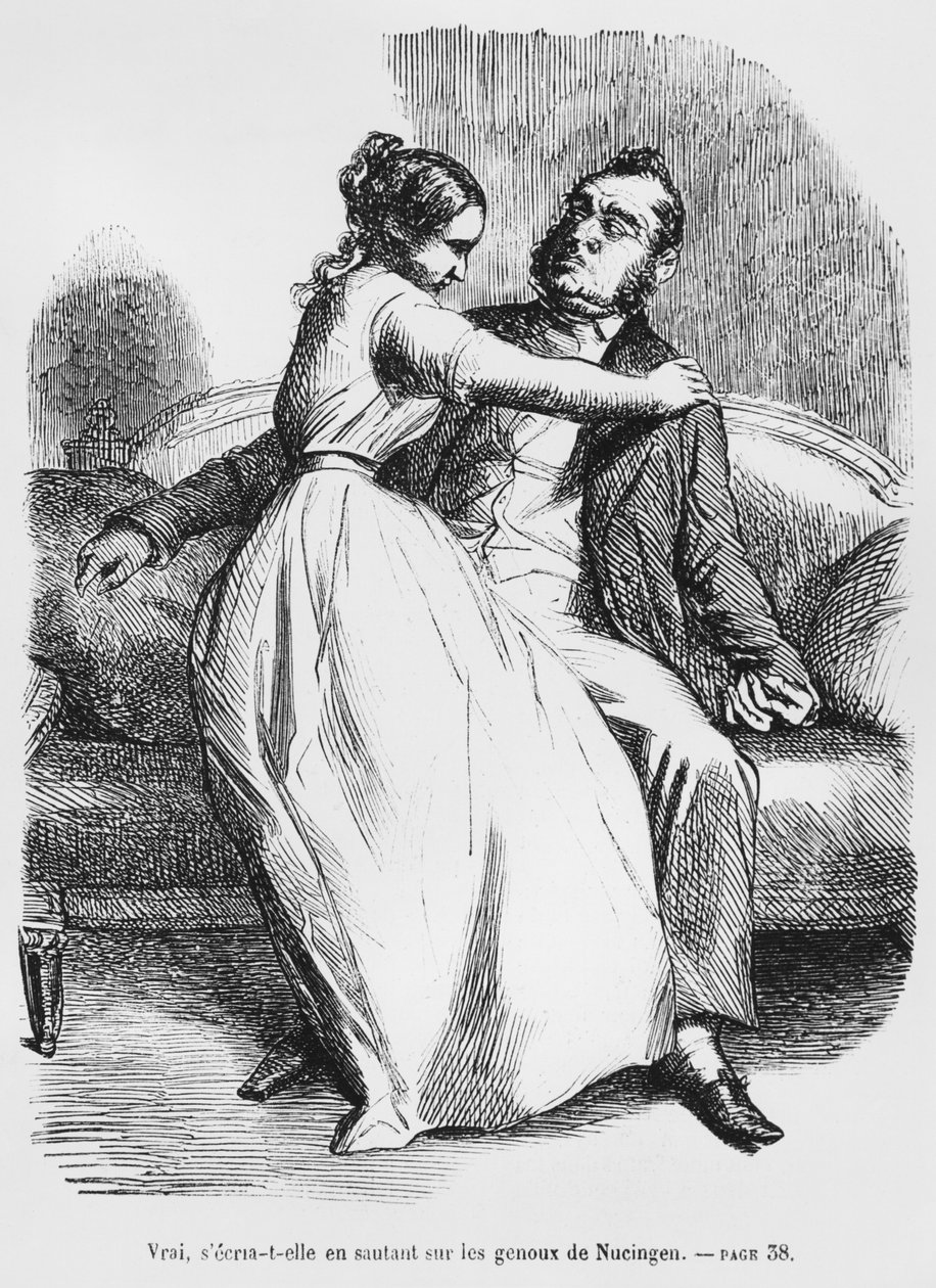 Esther van Gobseck und Baron von Nucingen, Illustration aus Splendeurs et Miseres des Courtisanes von Honore de Balzac, veröffentlicht 1867 von French School