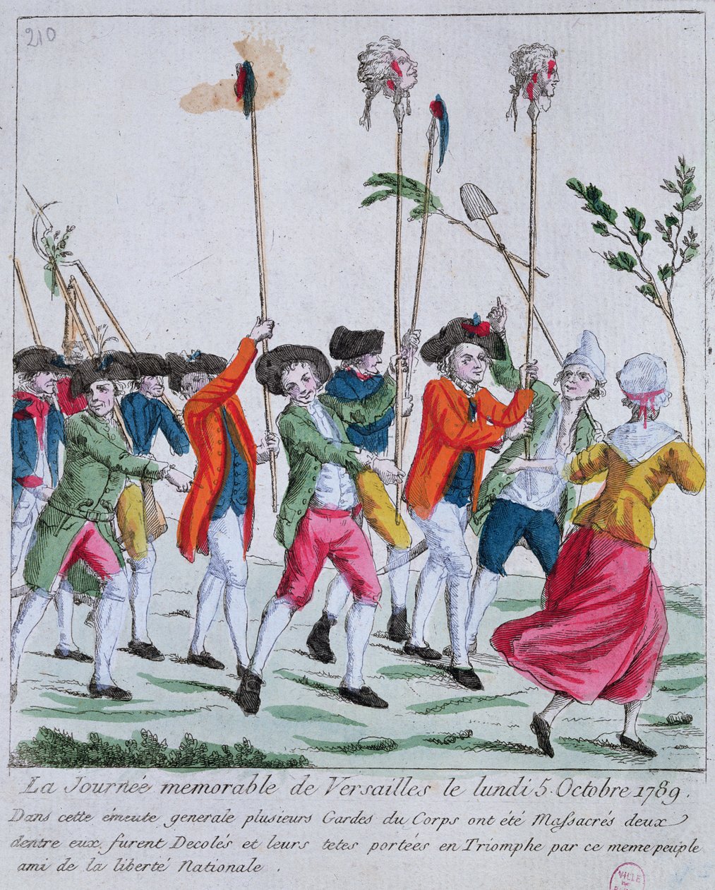 Köpfe von zwei der am 5. Oktober 1789 in Versailles von der Pariser Menge getöteten Königsgardisten werden triumphierend nach Paris getragen von French School