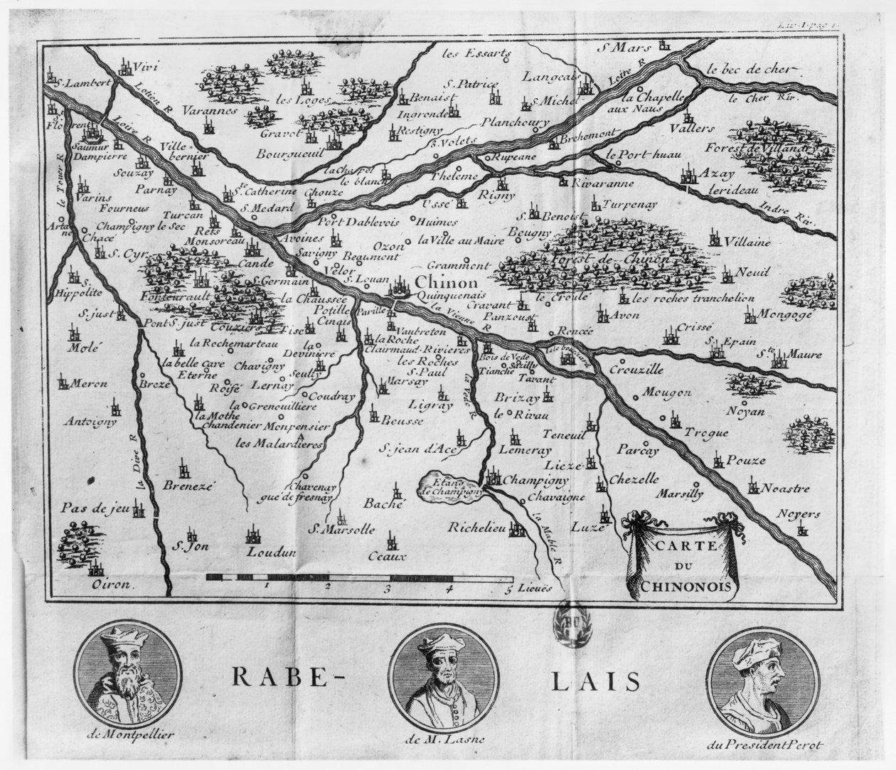 Karte der Region Chinon in Bezug auf die Werke von Francois Rabelais, veröffentlicht 1725 von French School