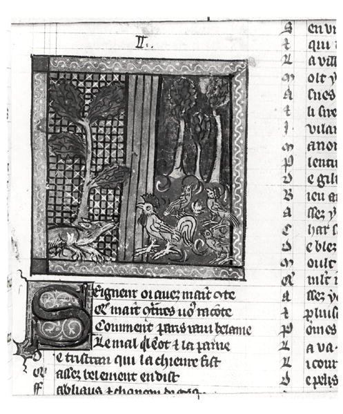 Der Fuchs schmeichelt Chanteclerc, aus Le Roman de Renart von French School