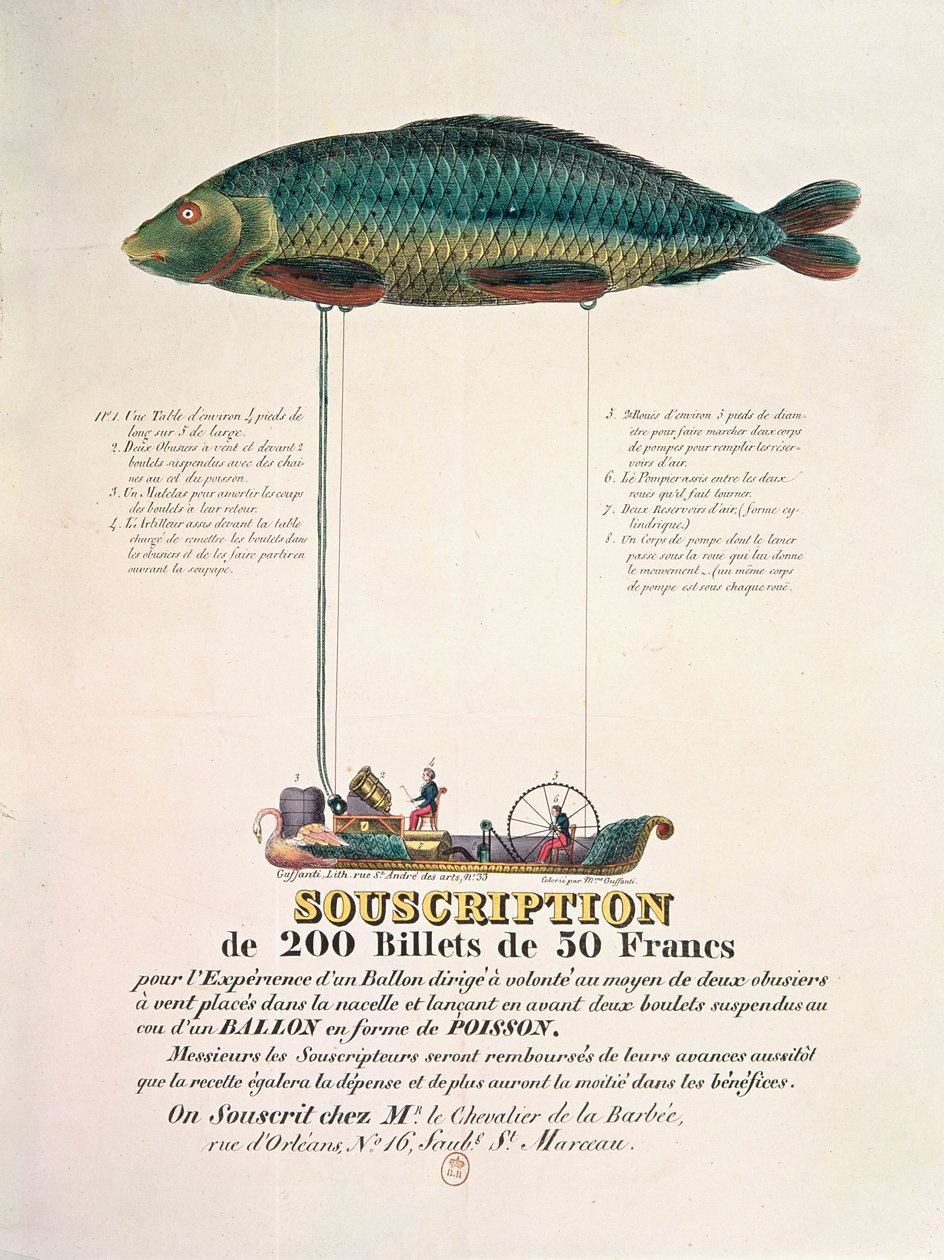 Plakat zur Werbung für das Abonnement eines Luftschiffs in Form eines Fisches von French School