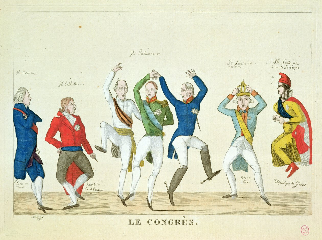 Satirische Karikatur, die die Hauptprotagonisten beim Tanz auf dem Wiener Kongress 1815 darstellt von French School