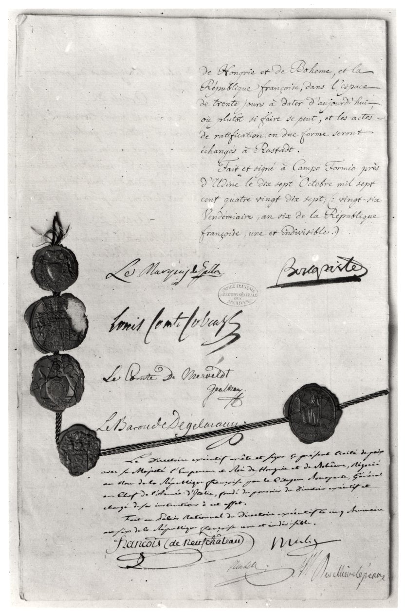 Der Vertrag von Campo Formio, unterzeichnet von Napoleon Bonaparte (1769-1821) am 17. Oktober 1797 von French School