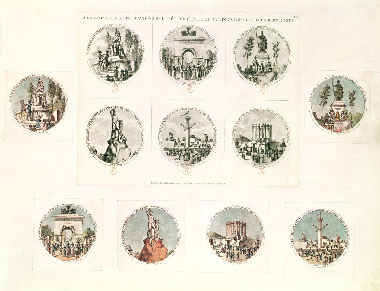 Die sechs Stationen des Festes der Einheit und Unteilbarkeit der Republik, 10. August 1793 von French School