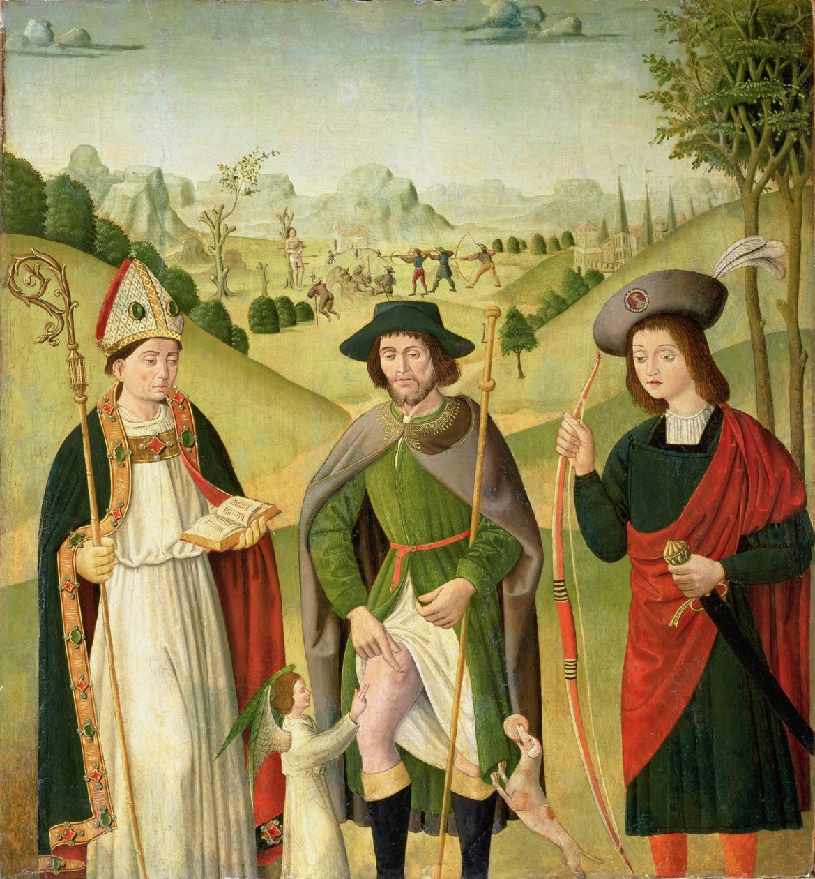 Drei Heilige: Bischof, St. Rochus und St. Sebastian, ca. 1460-80 von French School