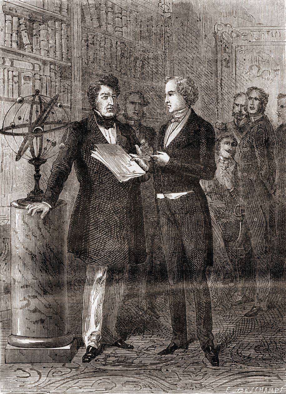 Urbain Jean Joseph Le Verrier, rechts, empfangen von König Louis-Philippe, links, in den Tuilerien, Paris, Frankreich, nach seiner Entdeckung des Planeten Neptun im Jahr 1846, aus Les Merveilles de la Science von French School