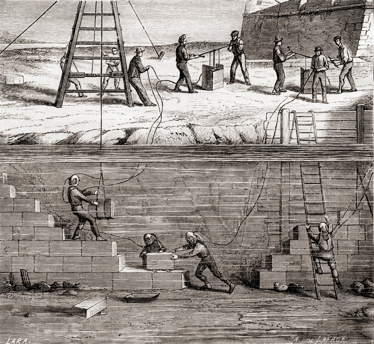 Arbeiter in Taucheranzügen bei Unterwasserkonstruktionen im 19. Jahrhundert, aus Les Merveilles de la Science, veröffentlicht um 1870 von French School