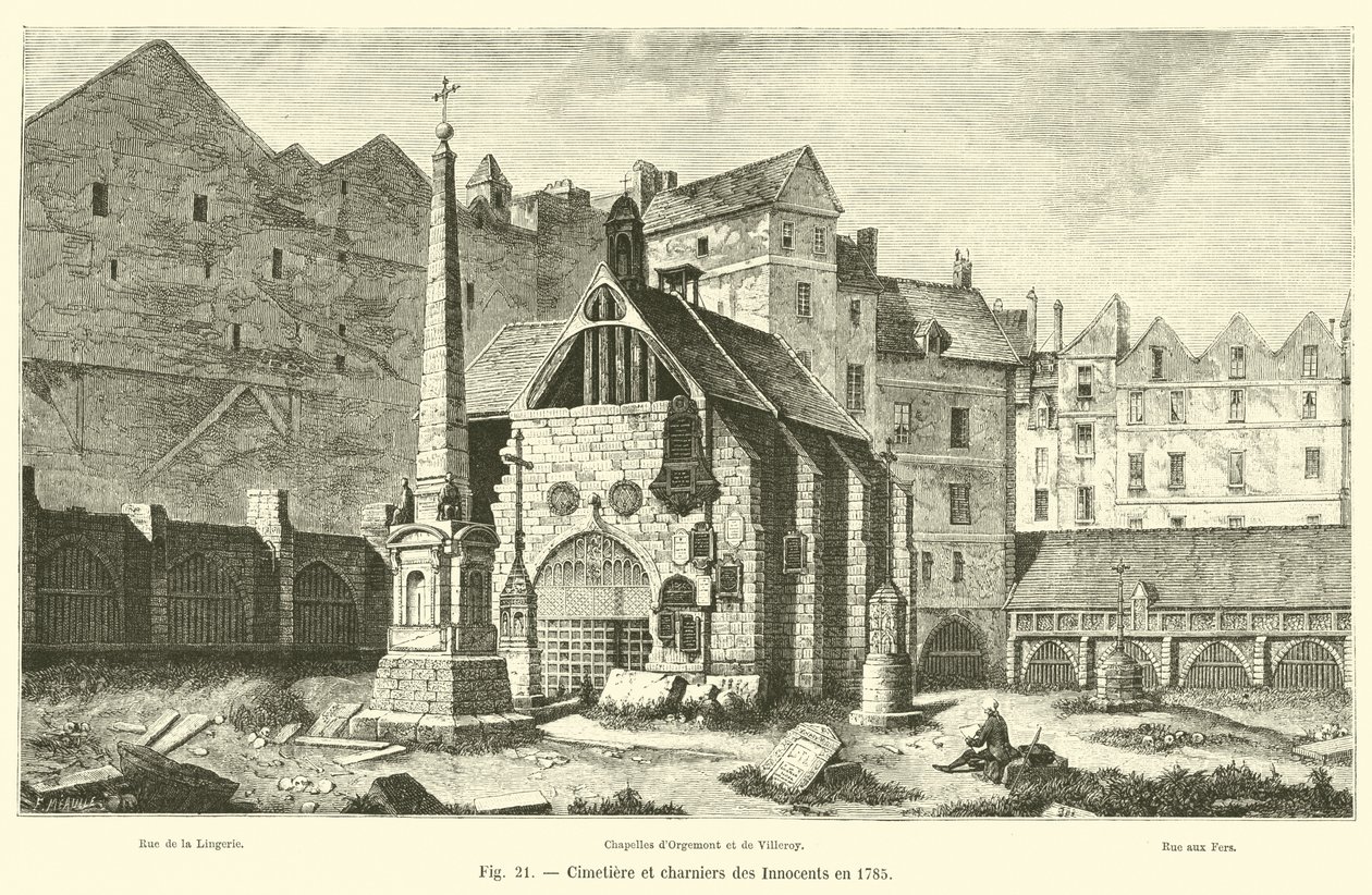 Friedhof und Beinhäuser der Unschuldigen im Jahr 1785 von French School