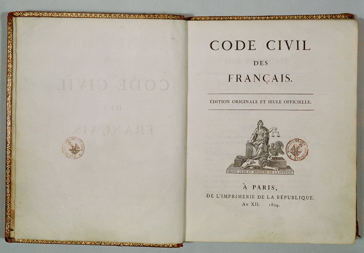Code Civil, geöffnet auf der Titelseite, 1804 von French School