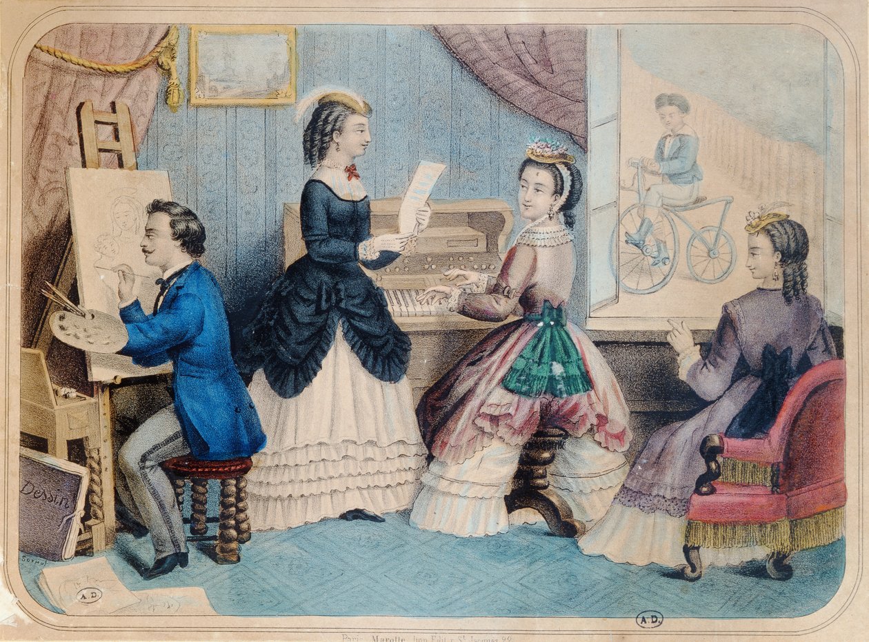 Französische Modeplatte, die künstlerische Aktivitäten darstellt, 1867 von French School