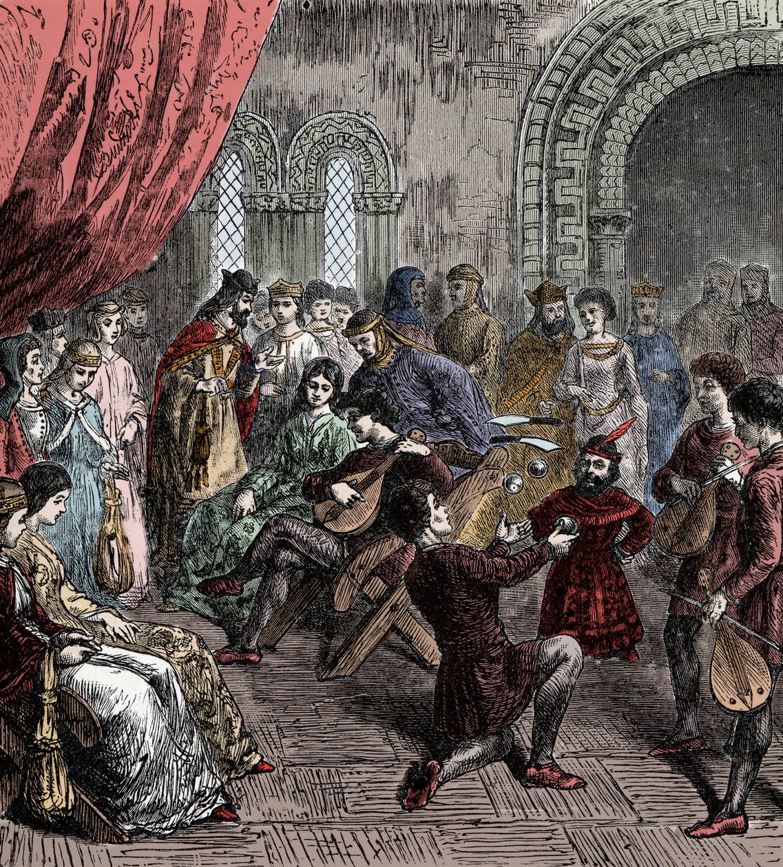 Minnesänger und Gaukler am Hof (handkolorierte Gravur) von French School
