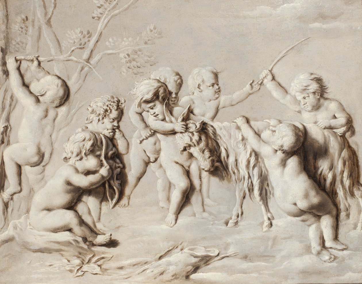 Putti spielen mit der Ziege Amalthea von French School