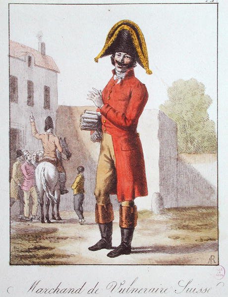 Der Faltrank-Verkäufer, ca. 1830-40 (farbige Gravur) von French School