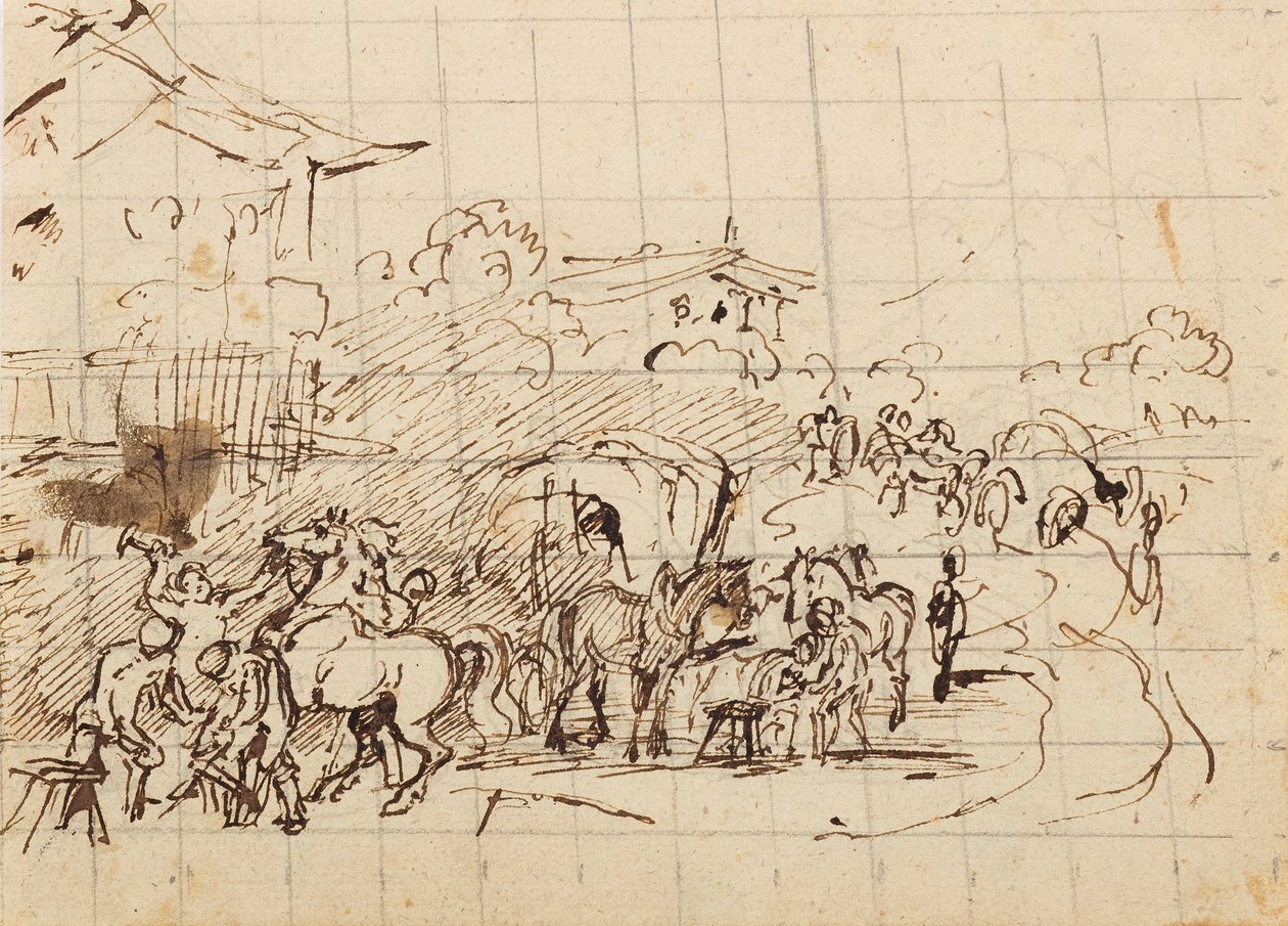 Pferde vor einer Schmiede von Friedrich August Mathias Gauermann