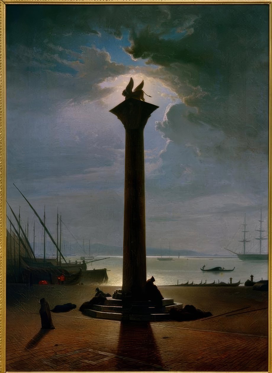 Die Markussäule in Venedig bei Mondlicht von Friedrich Nerly