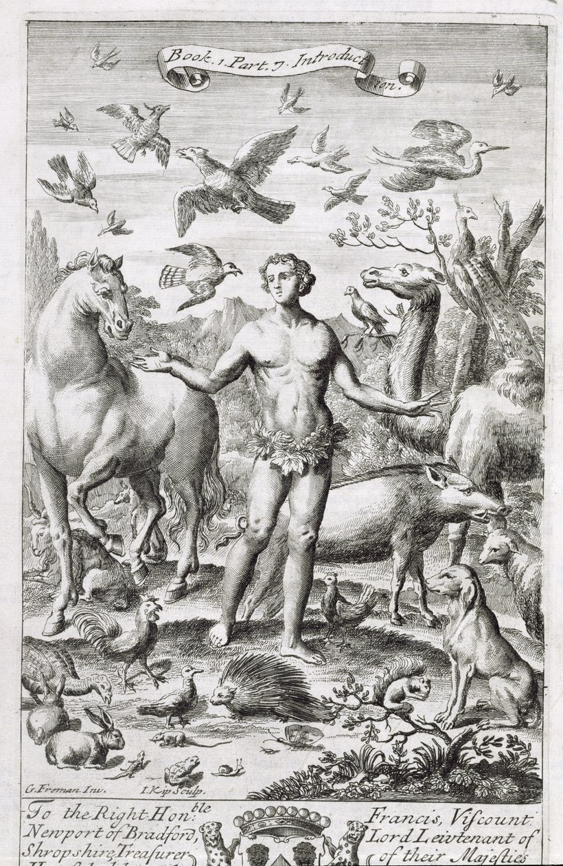 Adam im Paradies mit den Tieren, Illustration zur Einführung von Buch 1 Teil 7 von 
