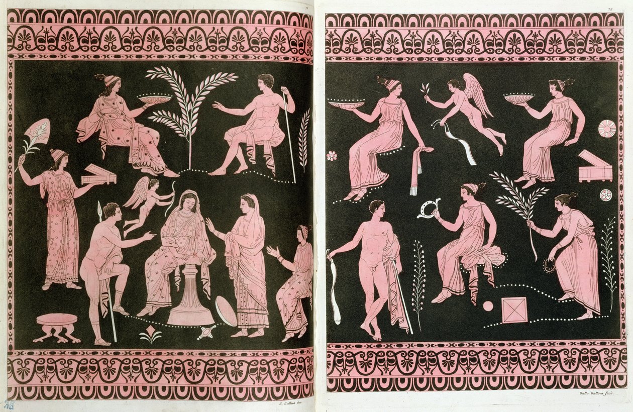 Szene der Einweihung in die eleusinischen Mysterien, nach griechischen antiken Vasen, aus 