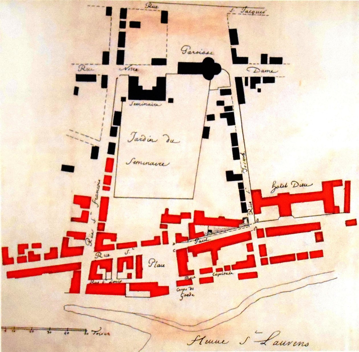 In Rot, der während des Brandes zerstörte Sektor von Montreal von Gaspard Joseph Chaussegros de Léry