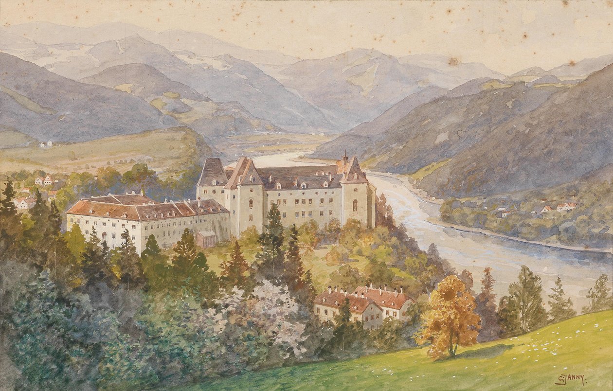 Blick über Schloss Grein auf die Donau von Georg Janny