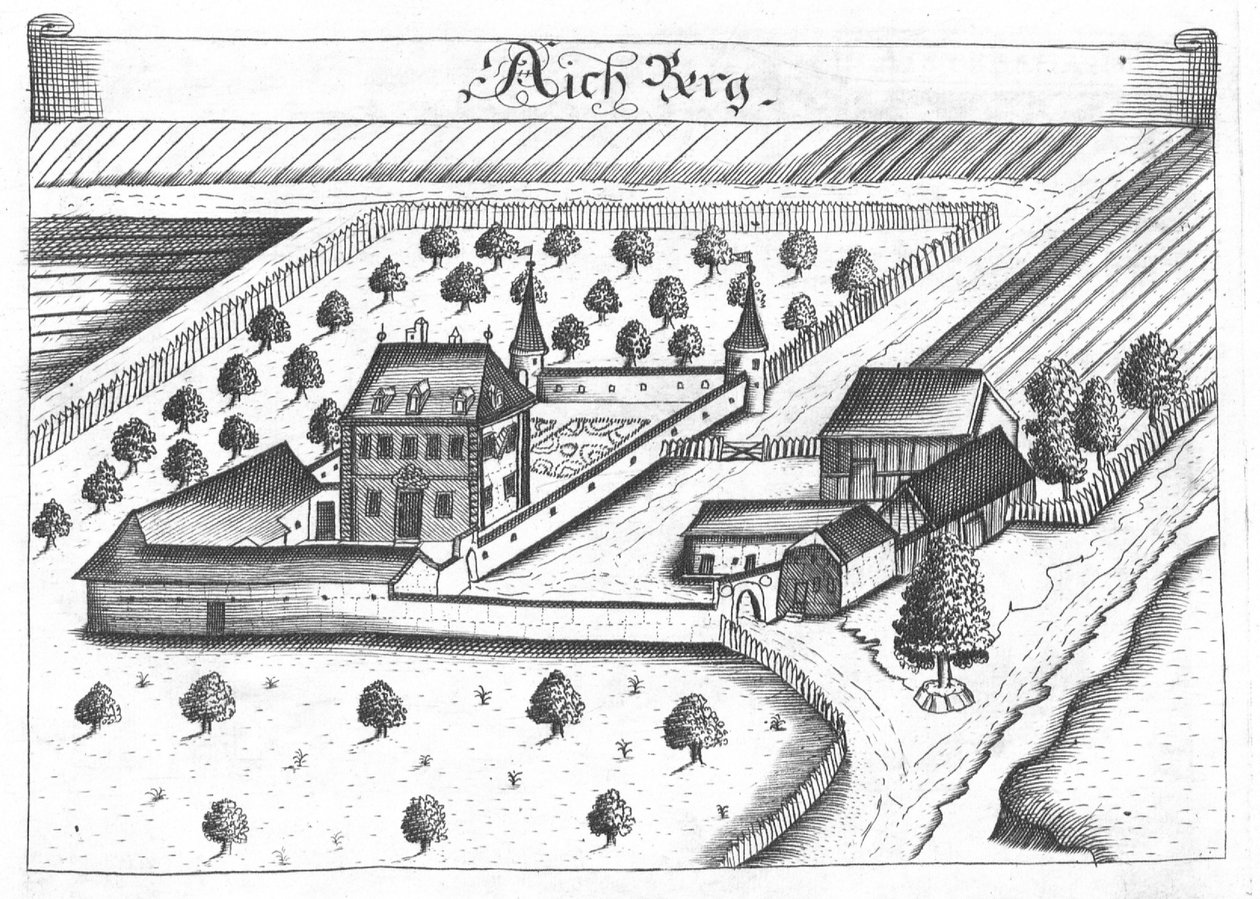 Kupferstich, Ansicht der Burg Aichberg, Oberösterreich von Georg Matthaus Vischer