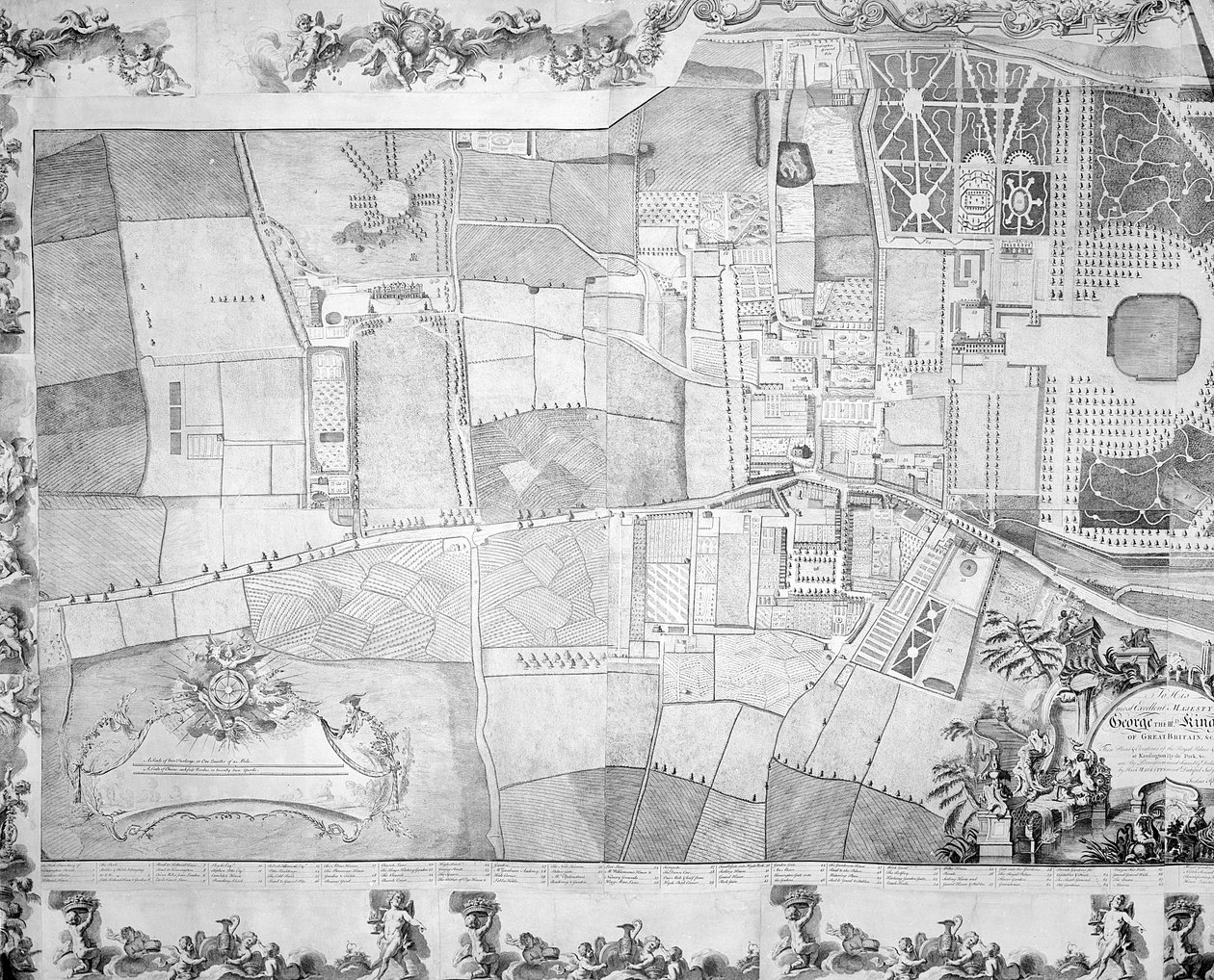 Detail (linke Seite) des Plans des Kensington Palace von Joshua Rhodes, 1764 von George Bickham