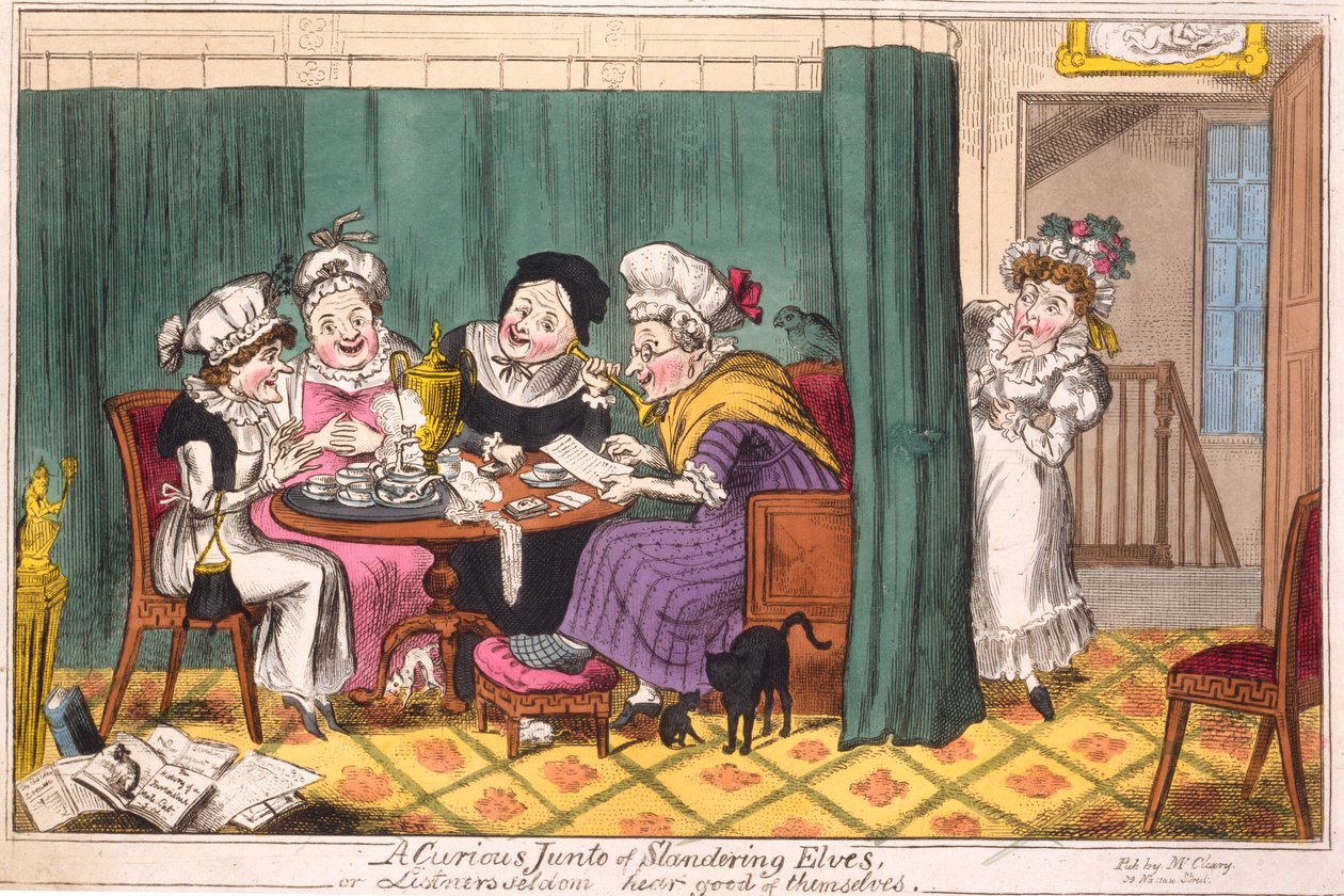 Eine neugierige Gruppe verleumderischer Elfen, oder, Zuhörer hören selten Gutes über sich selbst, 1817 (handkolorierte Gravur) von George Cruikshank